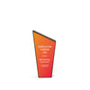 Orange trophy with white text and black base. Slanted at top. Recycled black award 8"h.