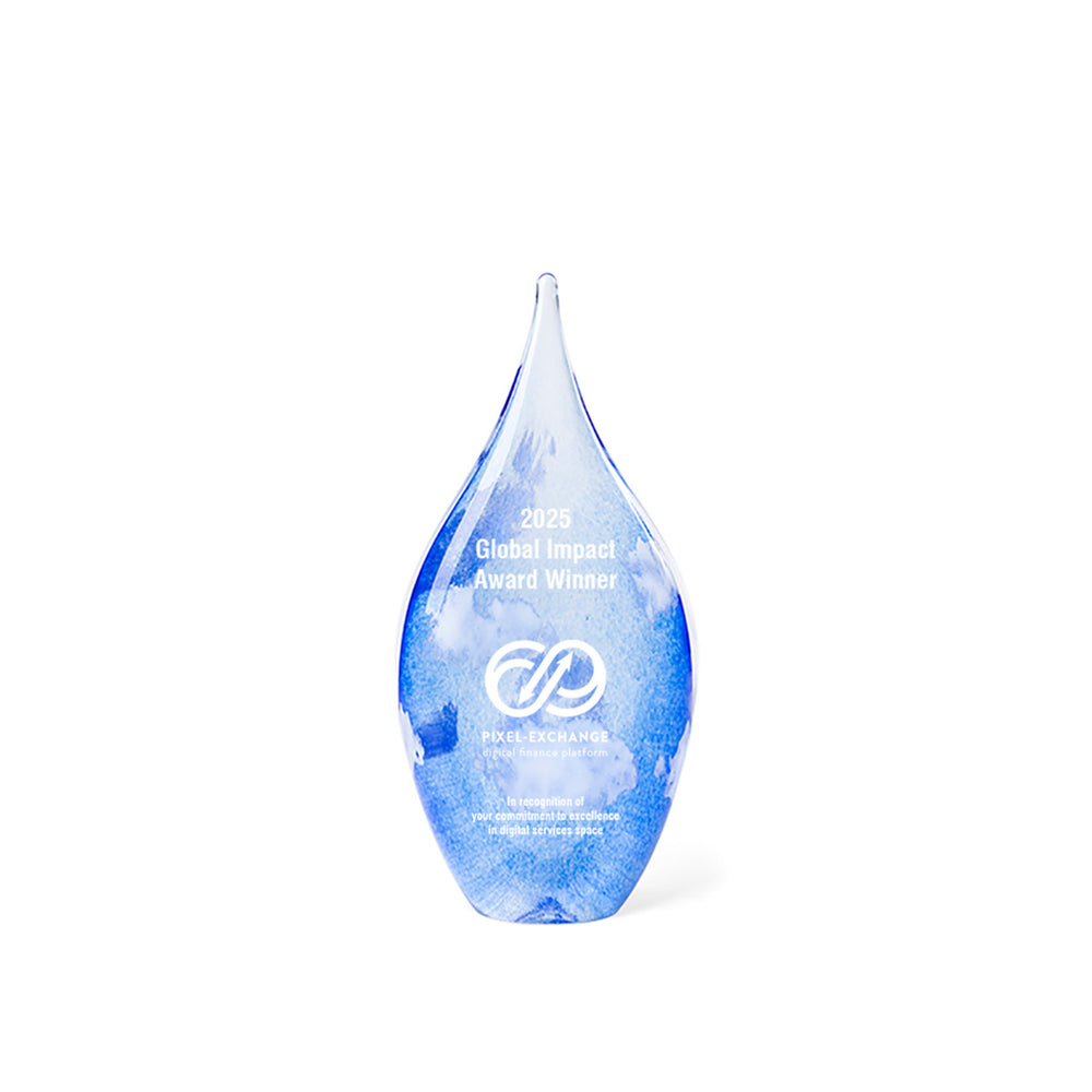 Small handblown blue and white teardrop glass award, signed by the artist and crafted in the USA exclusively for Rivanna. A unique artisan award ideal for personalized recognition.