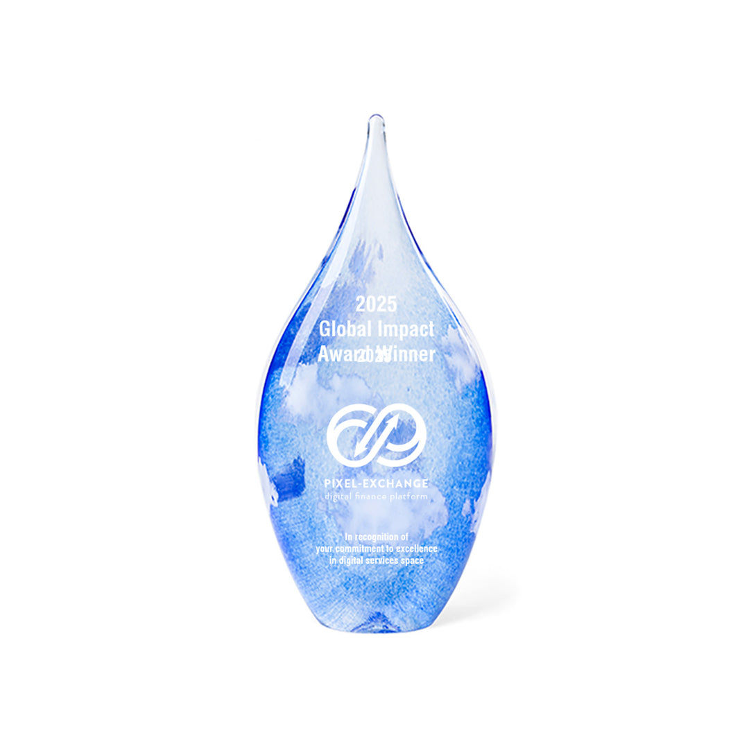 Tall handblown blue and white teardrop glass award, USA made and signed by the artist. An exclusive Rivanna design ready for custom personalization.