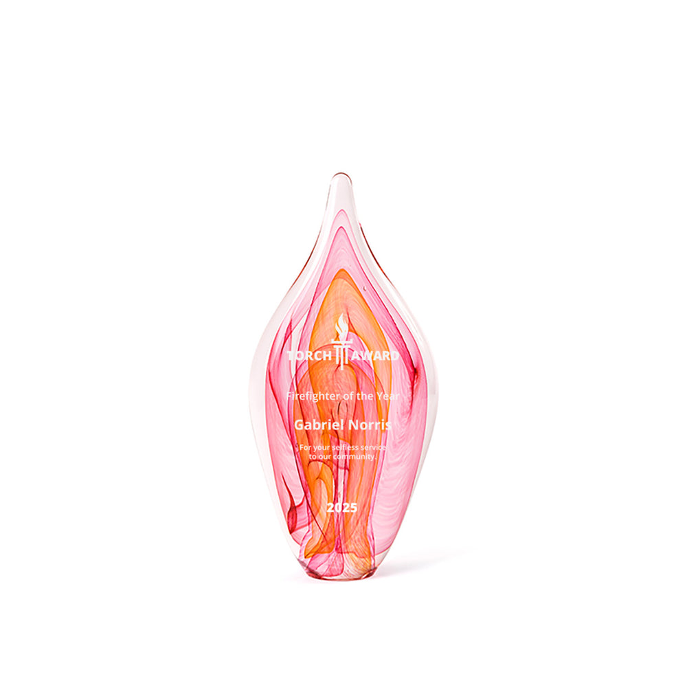 Small red and orange artisan glass flame shaped award, exclusive to Rivanna. Handblown in the USA and signed by the artist, perfect for engraved recognition.