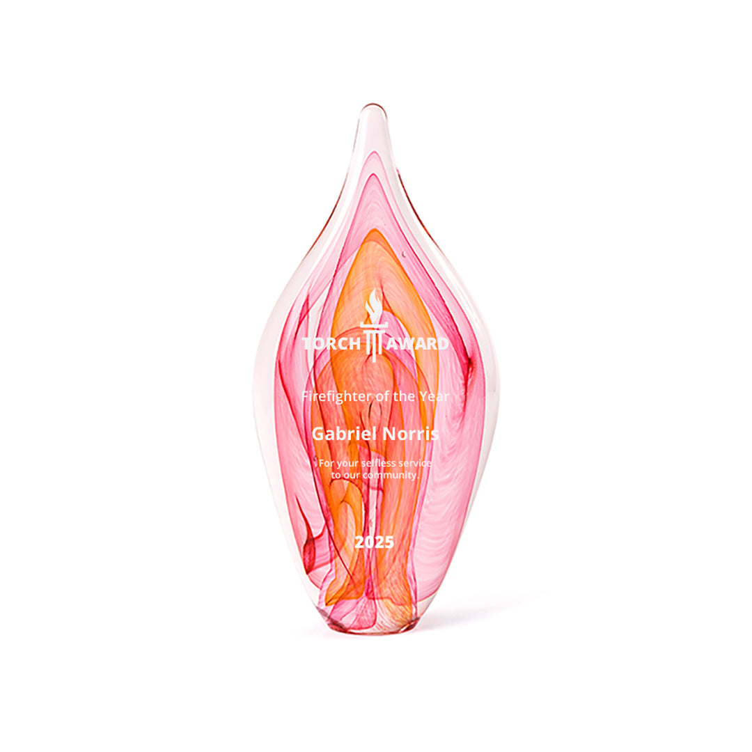 Tall fire-themed artisan glass award in red and orange, handcrafted in the USA. A Rivanna-original award, signed by the artist and ready for personalization.