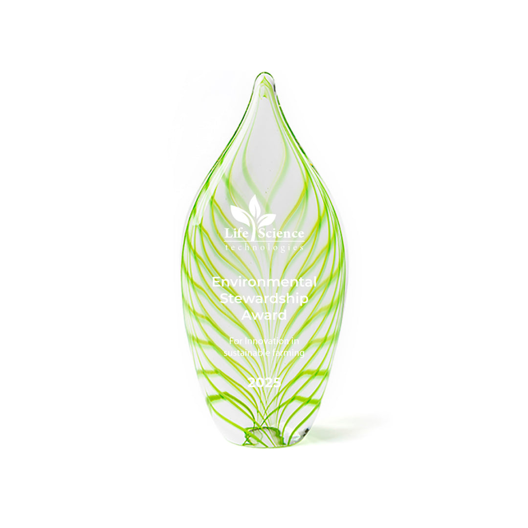 Tall artisan glass award featuring green leaf pattern. A Rivanna-exclusive design made in the USA and signed by the artist.