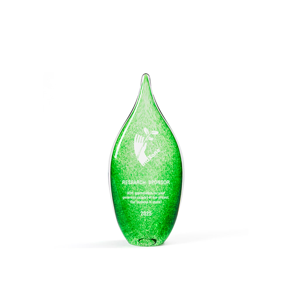 Small green handblown glass teardrop award, a Rivanna-original artisan piece made in the USA and signed by the artist. Personalizable for lasting recognition.