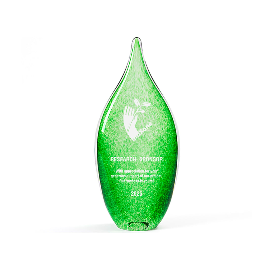 Tall green artisan teardrop award, handblown and signed in the USA. An original Rivanna design crafted for customized awards.