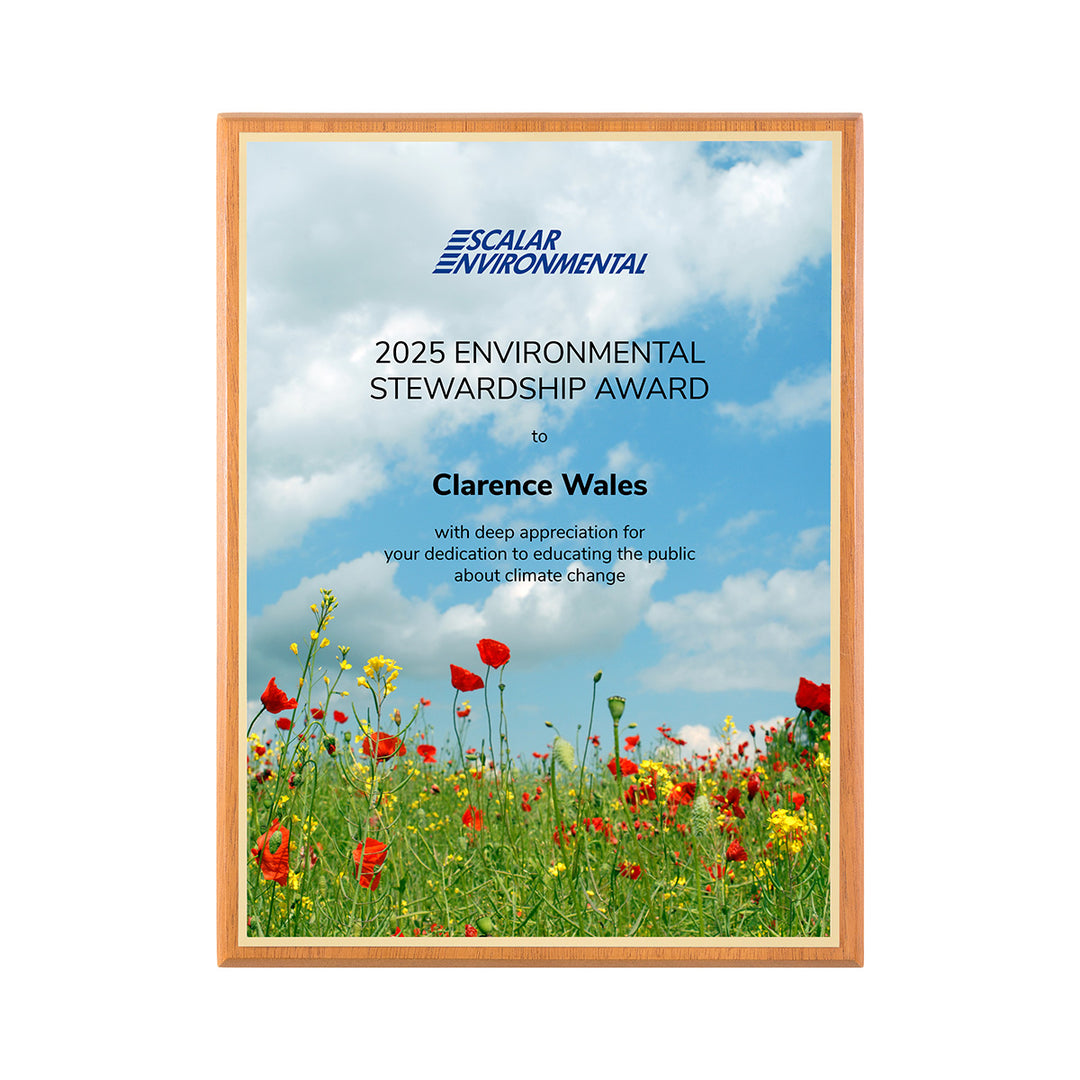 FSC mahogany plaque with plate white plate and bright gold backer, made in the USA