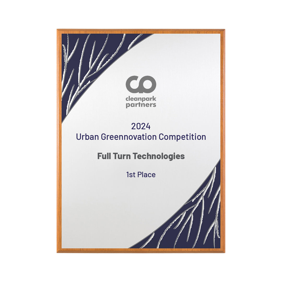 Silver award plaque with navy and white branch design representing winter, on FSC wood base