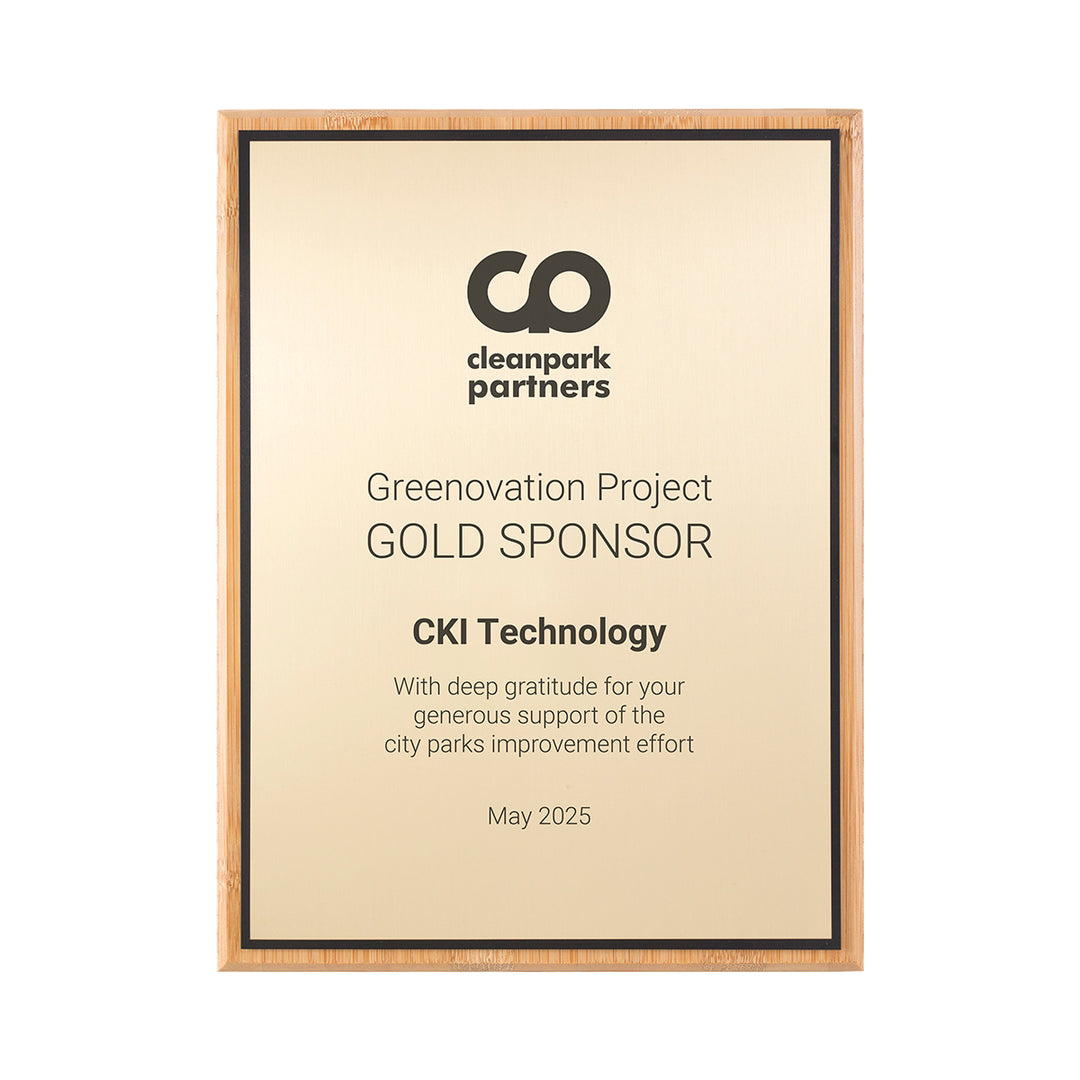 Bamboo plaque with gold plate and black. Made in USA.