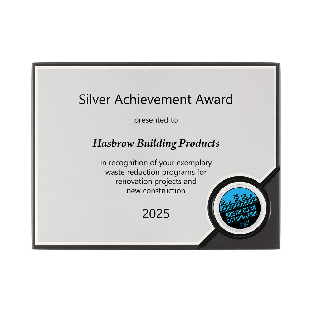 FSC Recycled black and silver medallion plaque, contemporary design, landscape orientation. Made in USA.