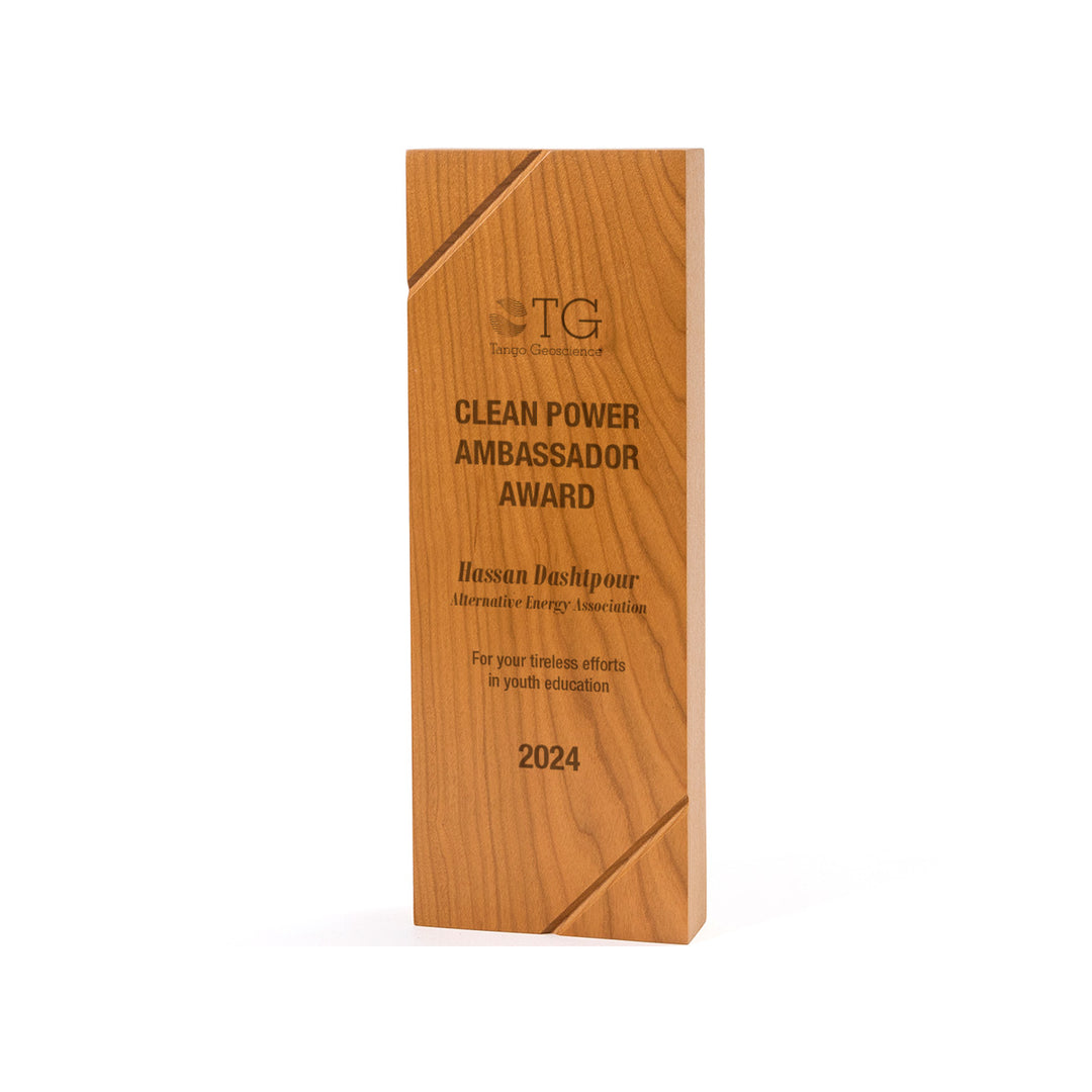 Super sustainable trophy made of solid cherry wood. Laser engraved tall trophy. Made in USA.