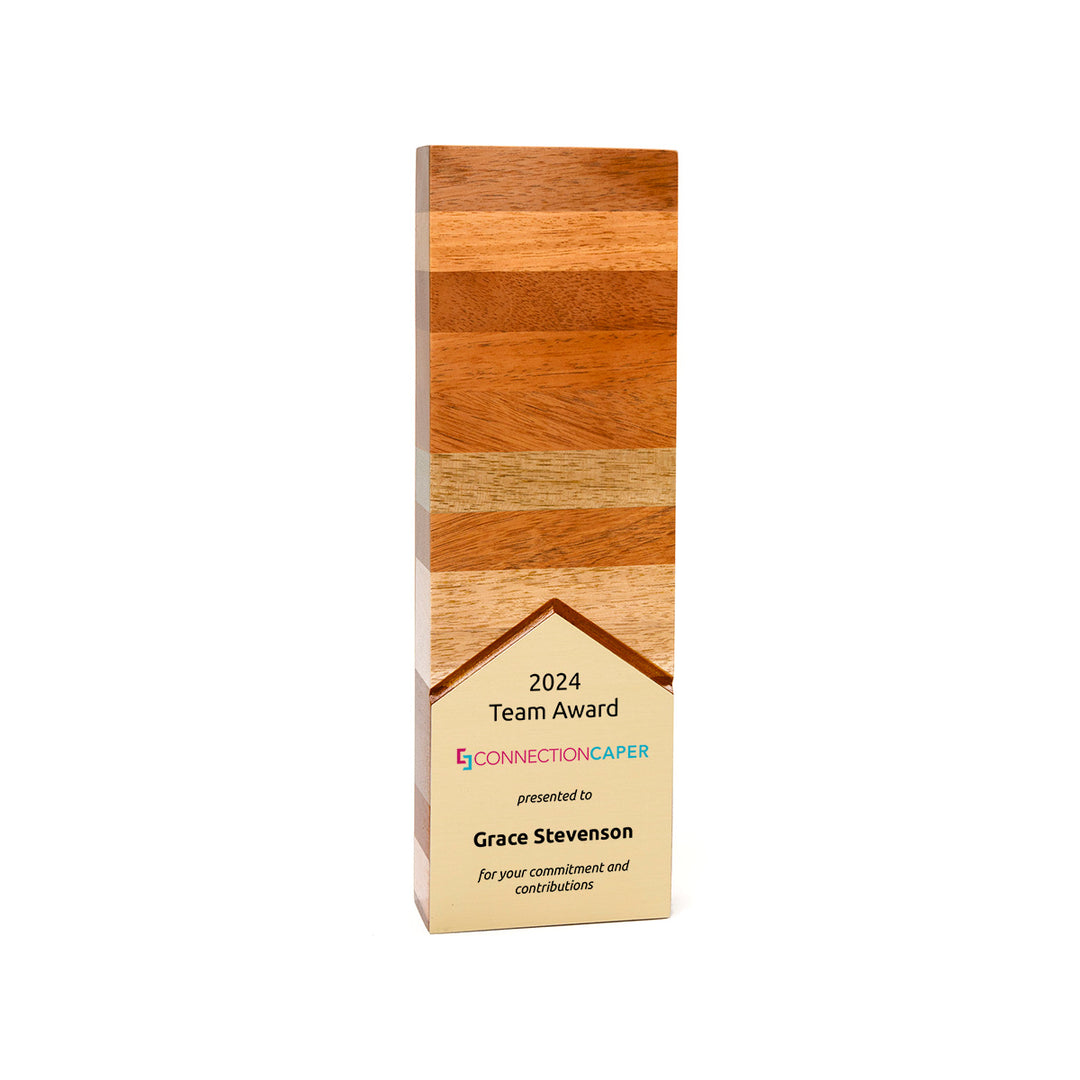 Freestanding FSC scrap wood award with layered wood and gold plate – handcrafted sustainable recognition made in USA.
