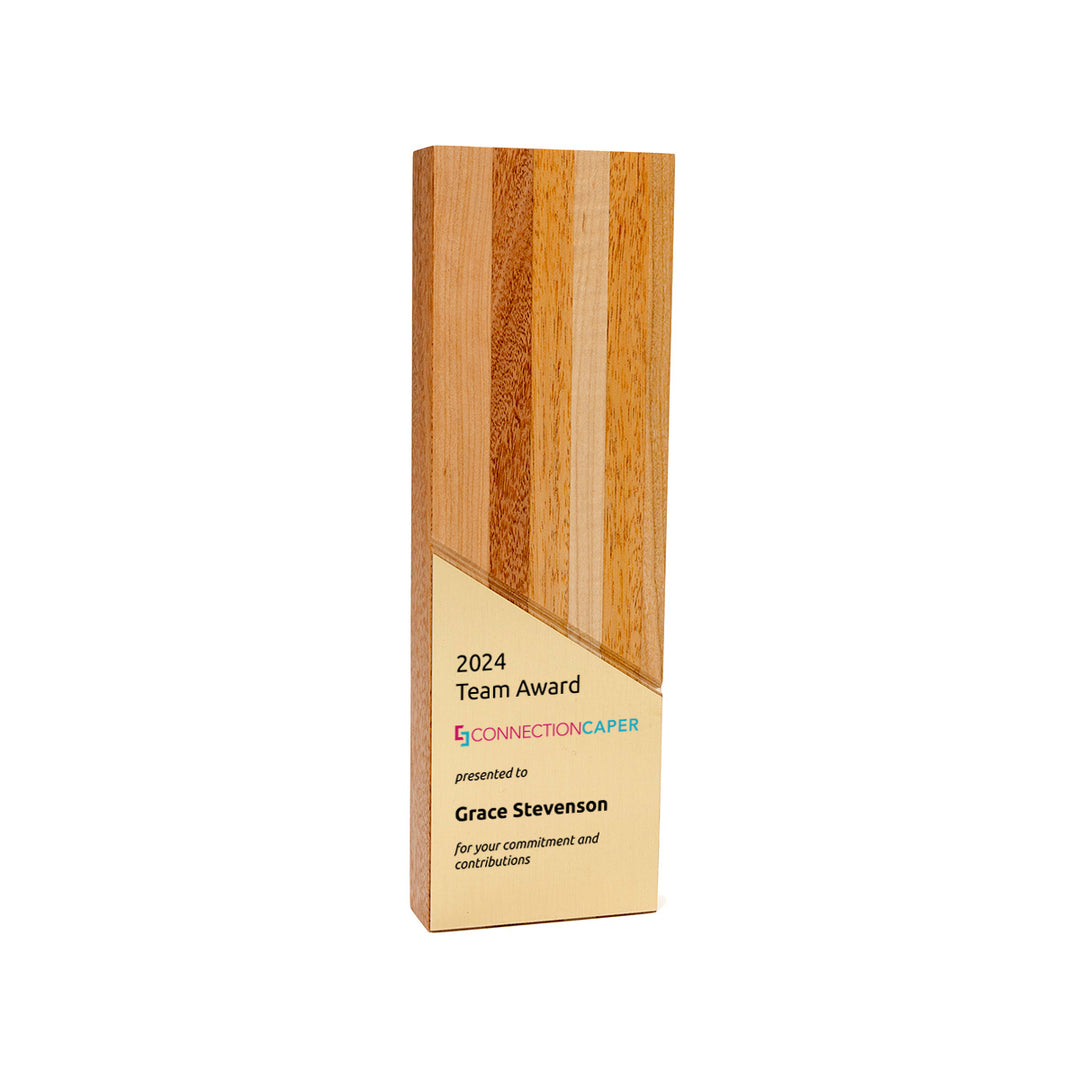 Vertical striped FSC scrap wood award with gold plate – sustainable handcrafted recognition piece