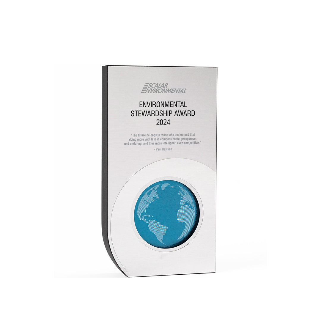 Atlantic Award in recycled black Richlite with silver face and large blue glass globe. Rivanna orginal design.