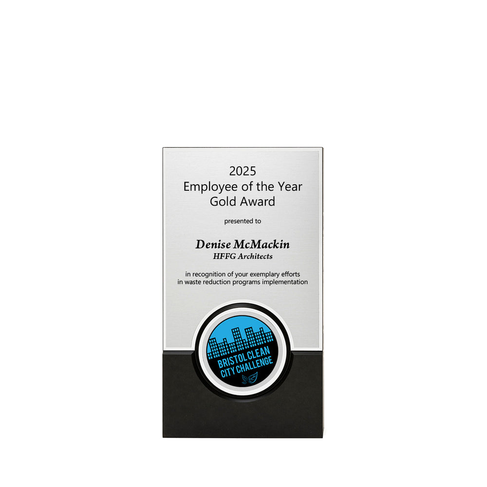 9-inch sustainable Medallion Award made from recycled materials in black and silver featuring a medallion or round  logo. Made in USA.