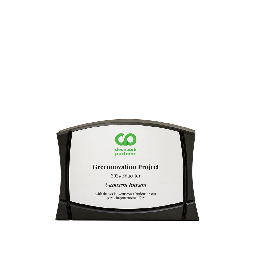 Low and wide award suitable for educator recognition award in recycled black Richlite with brushed silver plate