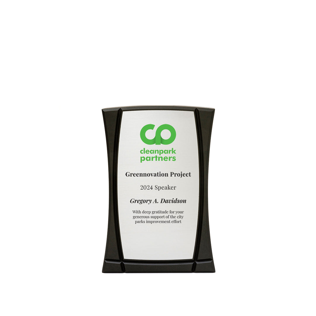 Eco-friendly performance recognition award in black FSC Recycled Richlite with silver plate