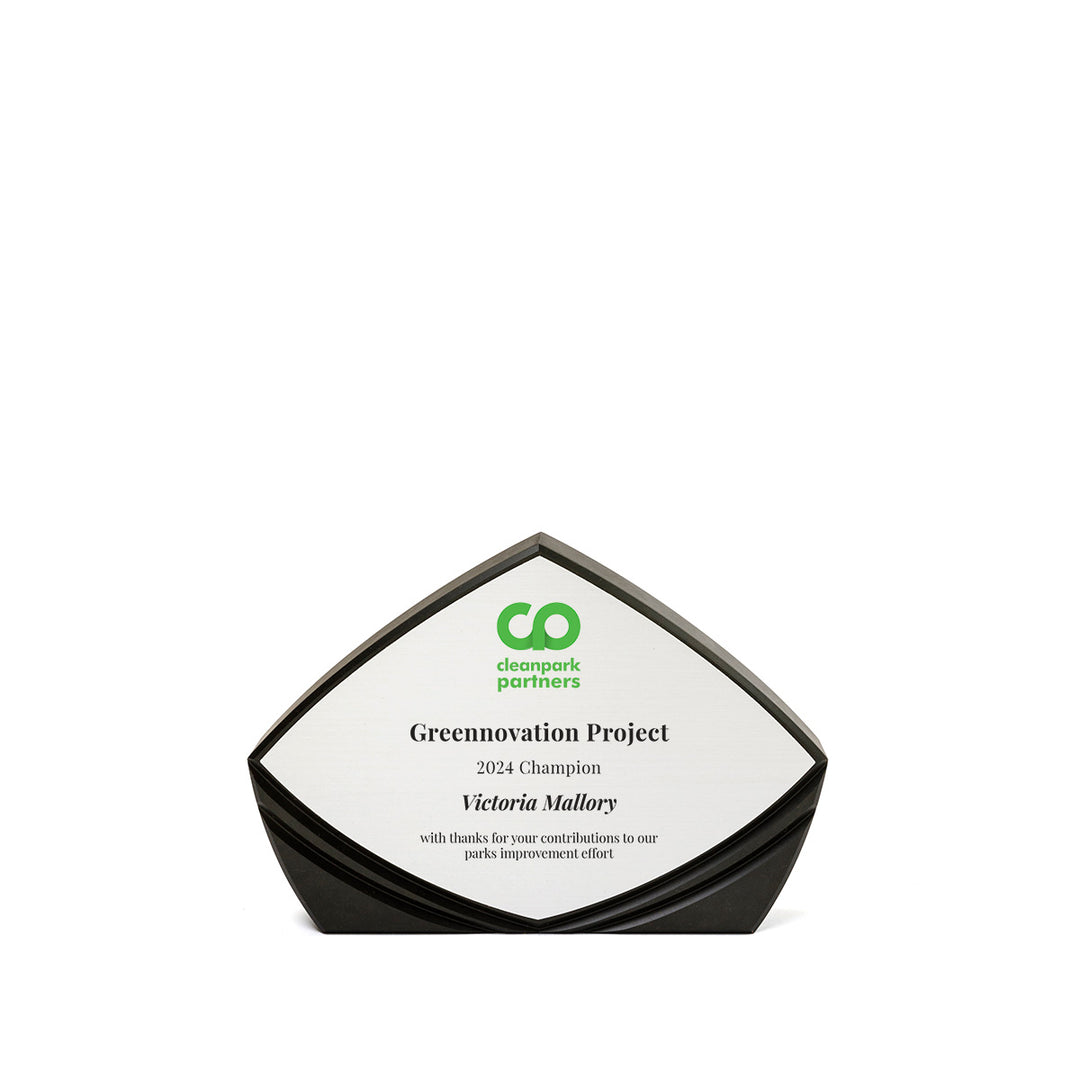 Flight-shaped or wing-shaped FSC Recycled Richlite award with silver plate – modern eco-conscious recognition plaque