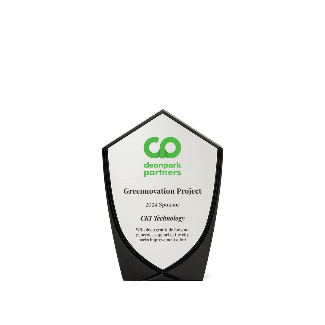 Shield-style black Richlite award with silver plate – sponsor or leadership recognition plaque