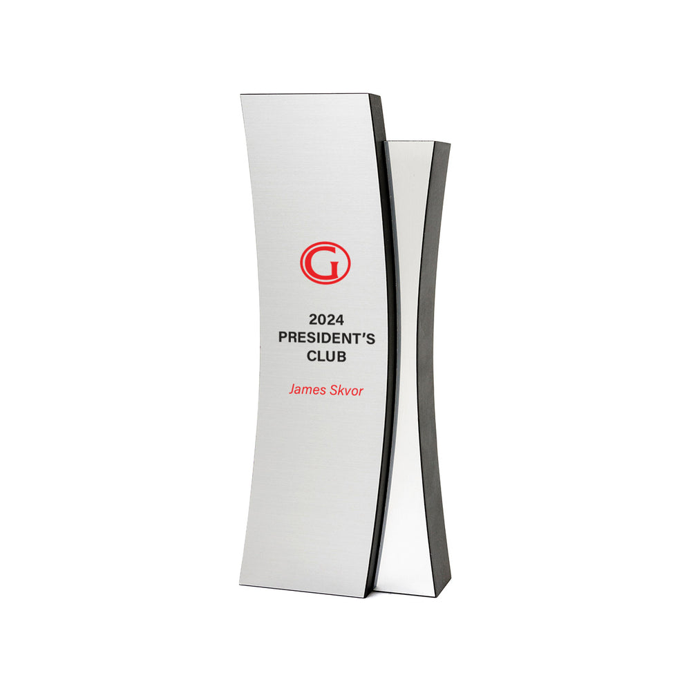 Tall curved award in FSC Recycled Richlite with brushed silver face – sleek, sustainable, and design-forward.  Made in USA.
