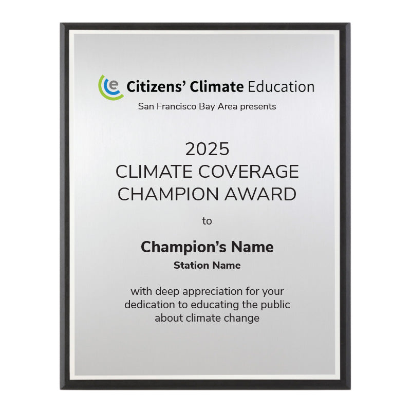 Climate Coverage Champion in brushed silver with a bright silver backer, mounted on black FSC Recycled Richlite