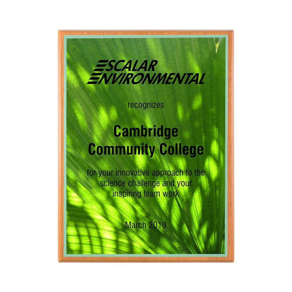 FSC mahogany plaque with plate white plate and green backer, made in the USA