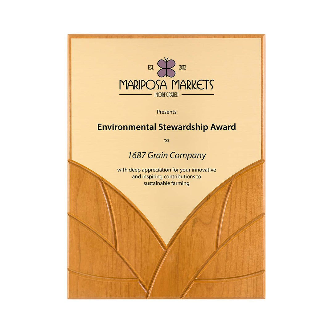 FSC cherry award plaque with carved leaf design and gold plate – original Rivanna Design, made in USA.