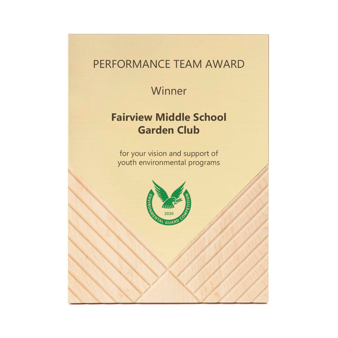 Uptown plaque made from FSC-certified maple with geometric carved design and gold plate, original Rivanna design, made in the USA