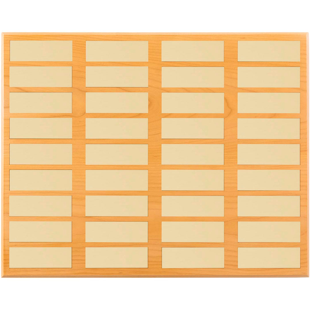 Large FSC-certified cherry perpetual plaque with 36 gold nameplates; made in USA, ideal for cumulative achievements
