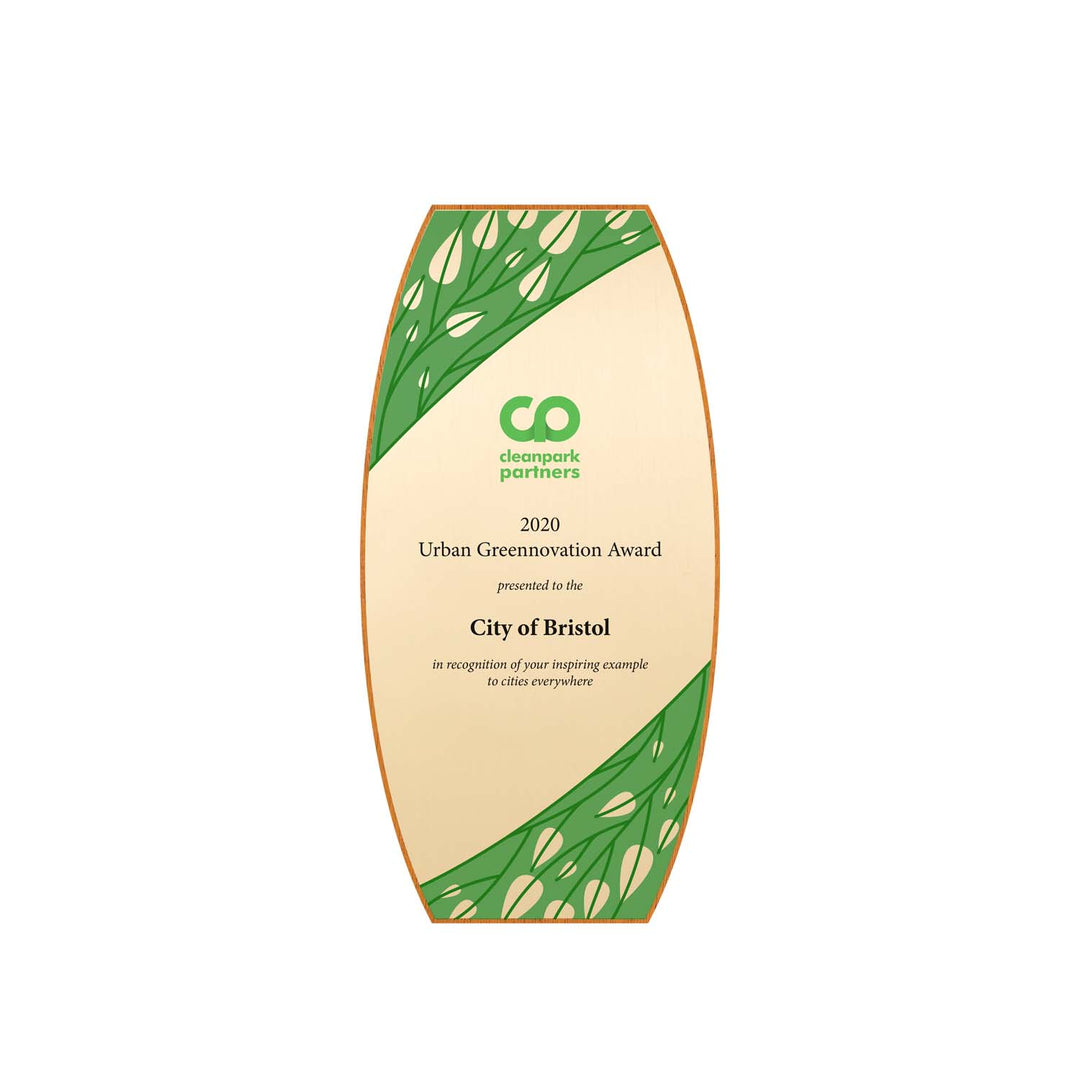 Summer-themed recognition award with green and gold design on FSC-certified mahogany