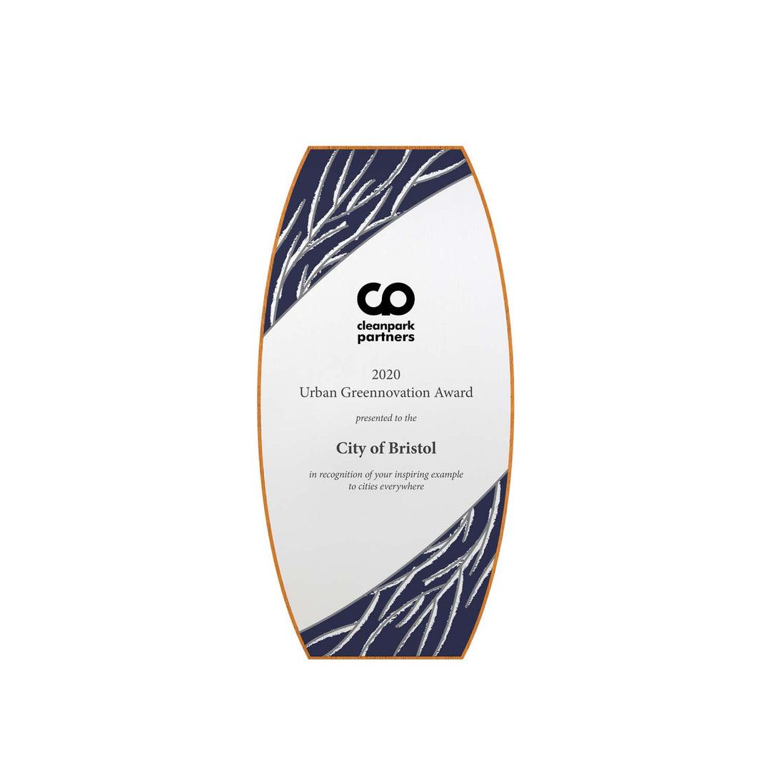 Winter-themed award with silver and deep blue design on FSC-certified mahogany