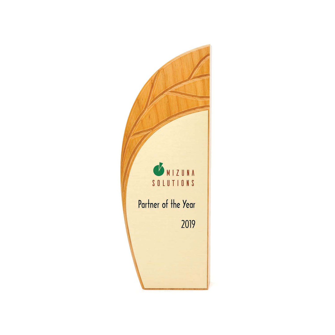 Leaf-inspired award in FSC-certified cherry, made in USA, perfect for Earth Day or other environmental recognition