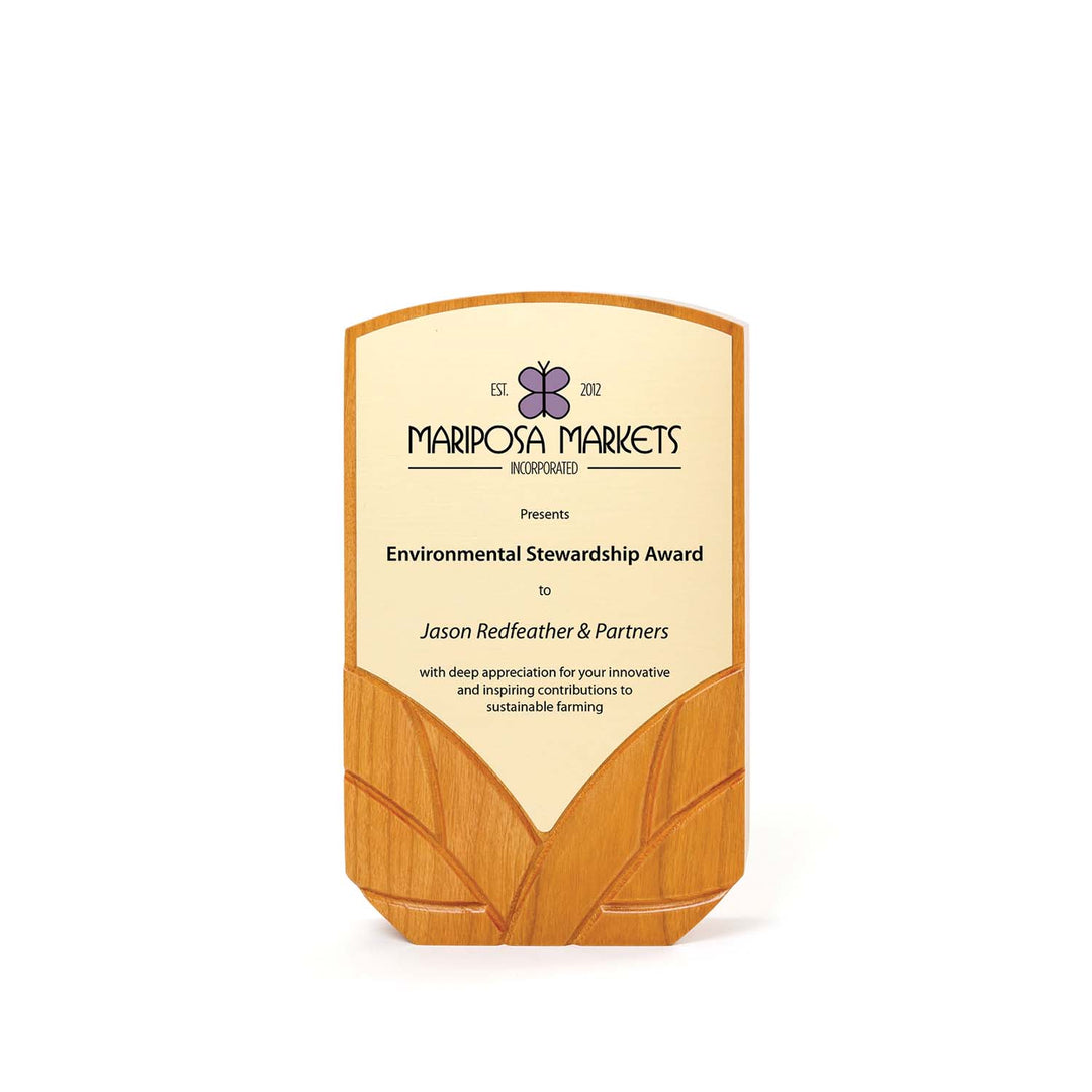Rivanna-exclusive FSC-certified award, carved leaf design, ideal for corporate giving or sustainability champions, handcrafted in Virginia