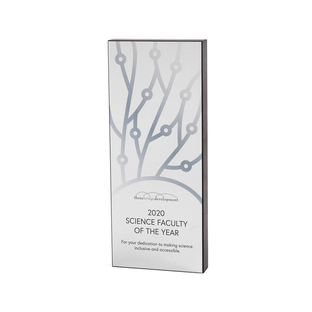 FSC recycled Richlite award with silver plate and botanical design – contemporary nature-themed eco award. Made in USA.