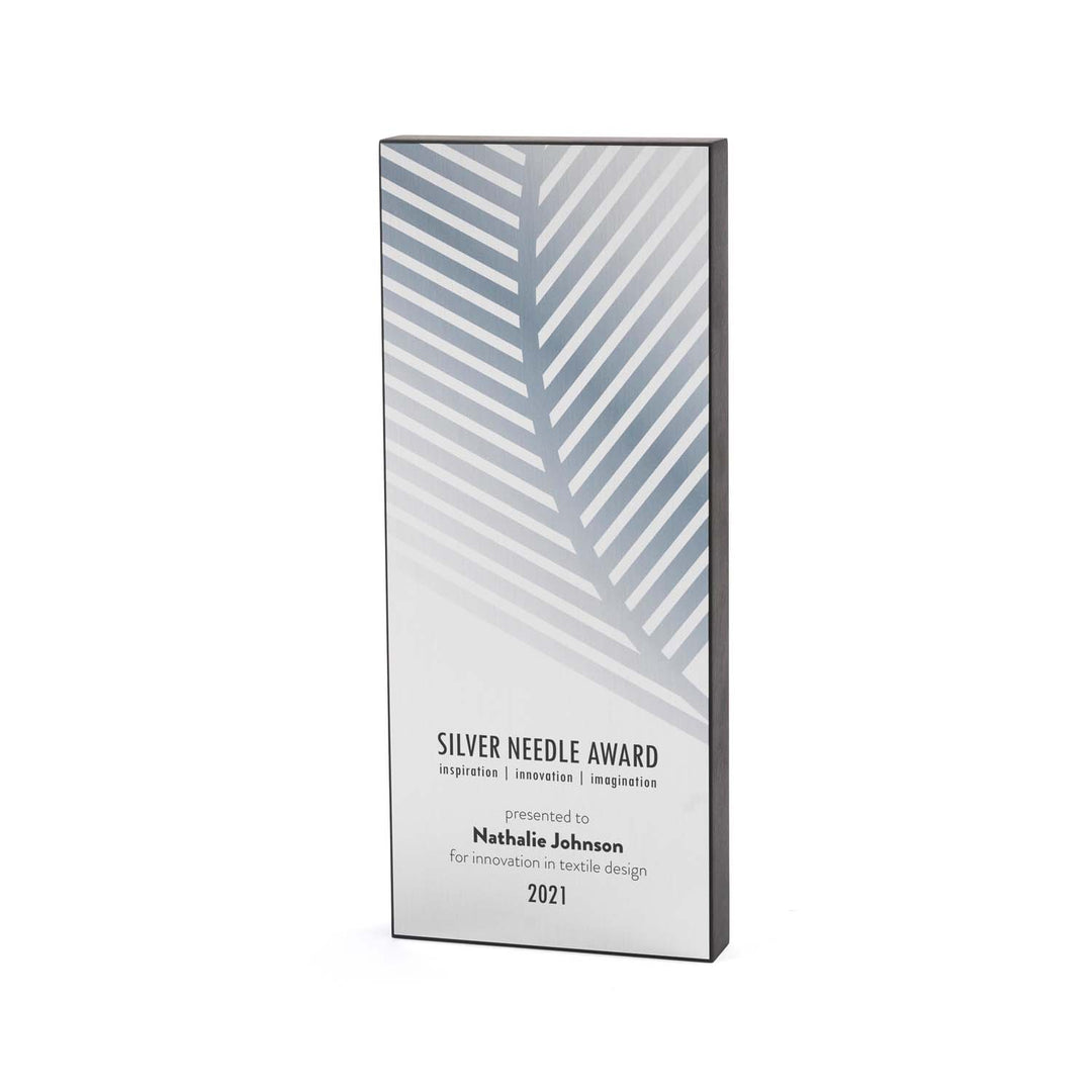 Sustainable black Richlite award with silver plate and palm frond design – freestanding eco recognition piece made in USA.