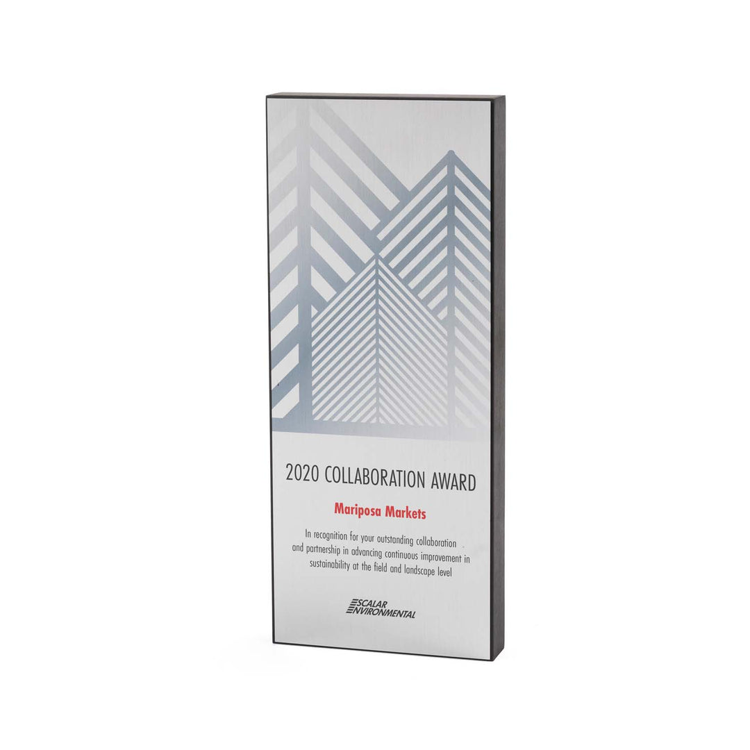 Freestanding recycled Richlite award with silver plate and pine forest design – sustainable and sleek. Made in USA.
