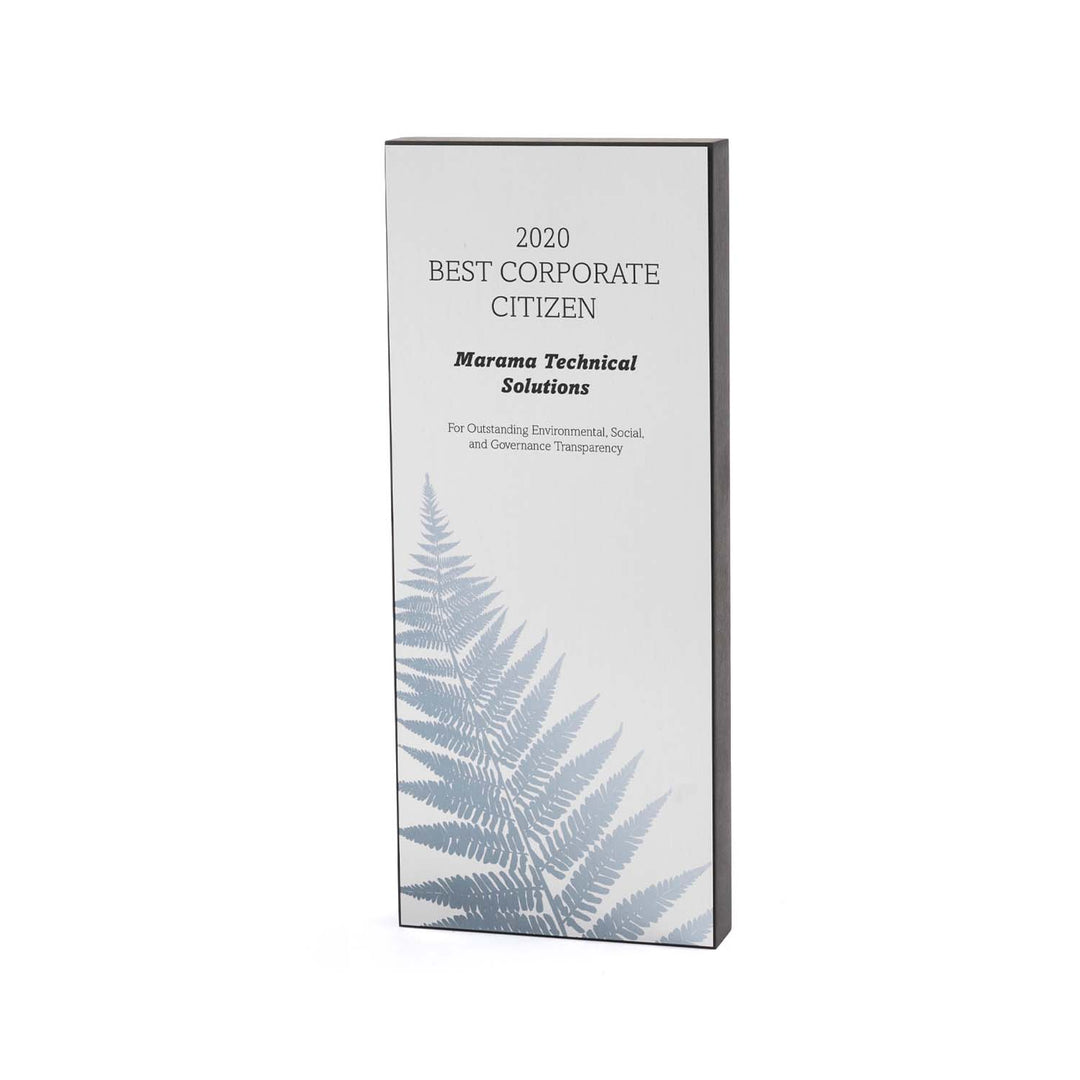 Modern eco award in FSC Richlite with silver plate and fern design – nature-themed and recycled