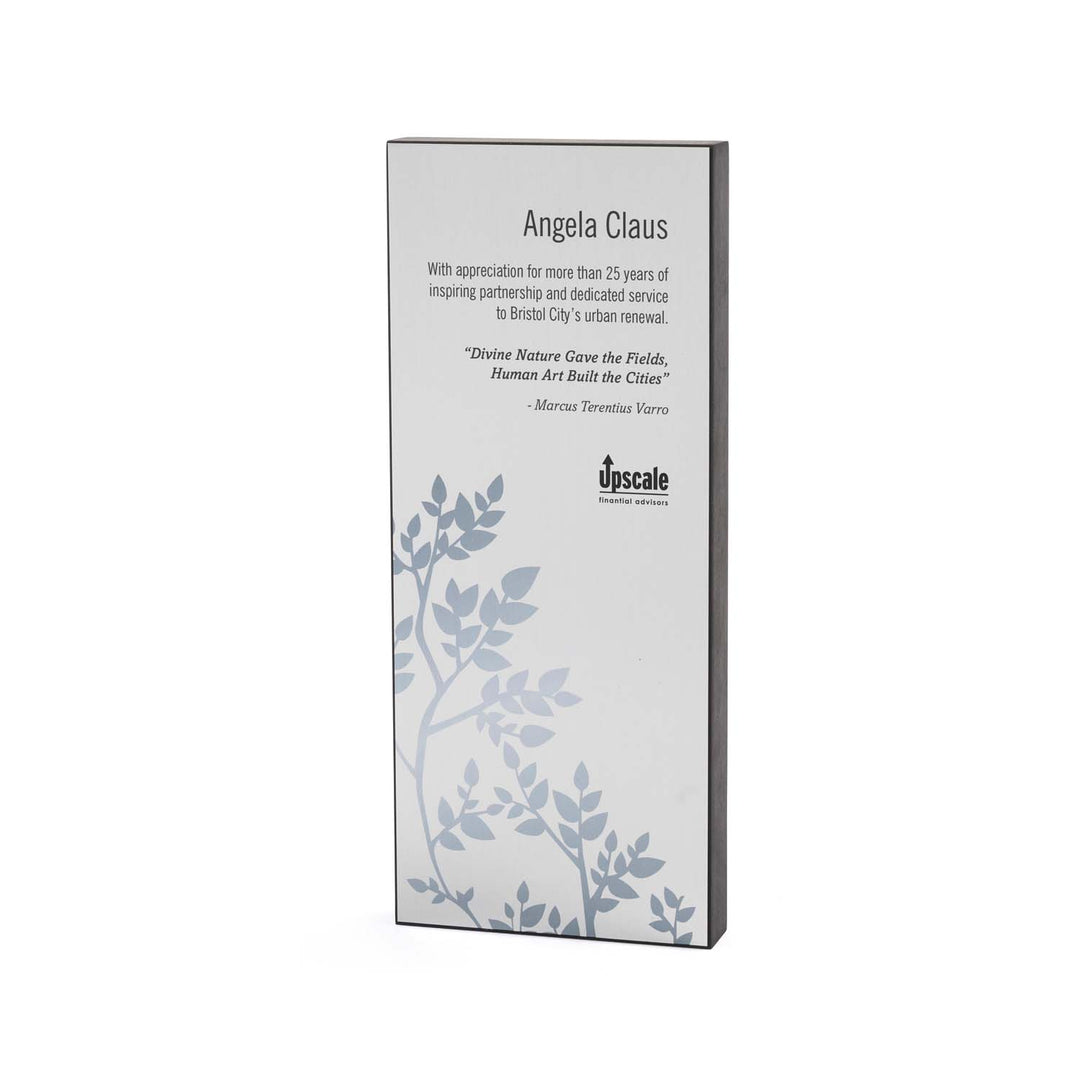 Freestanding cherry wood award with elm branch design on gold plate – eco-conscious recognition award