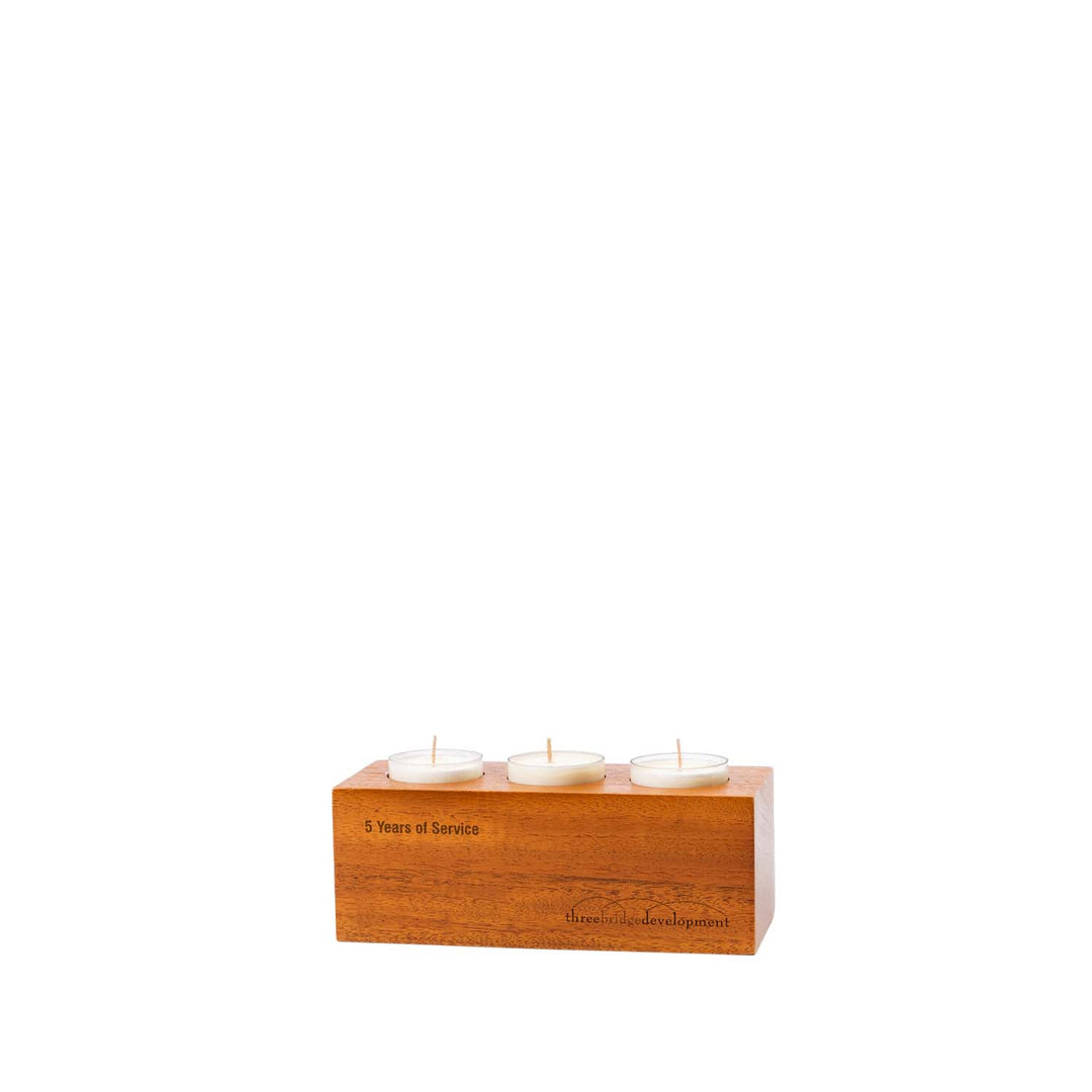 FSC mahogany tea light trio candle holder engraved for years of service recognition