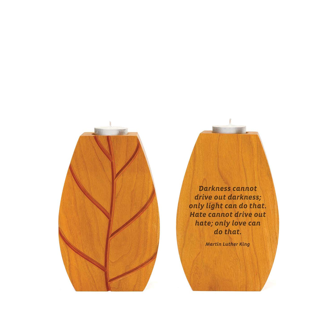 FSC cherry candle holder engraved with leaf design and space for a laser engraved quotation, personalization, or tribute.