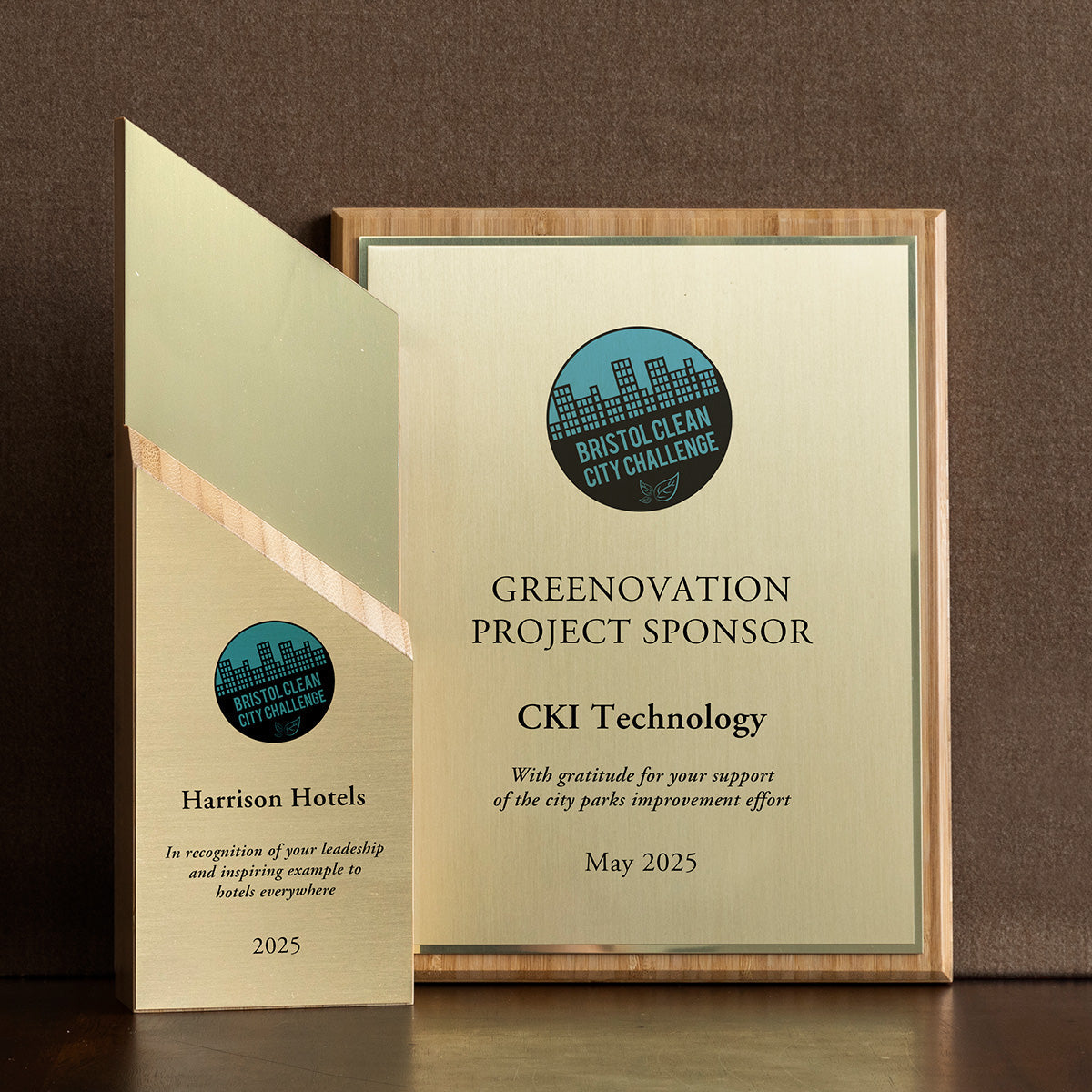 Sustainable bamboo awards with engraved metal plates