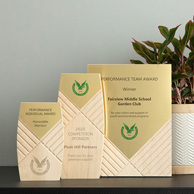 Eco-friendly plaques made from sustainably sourced domestic maple wood, made in USA