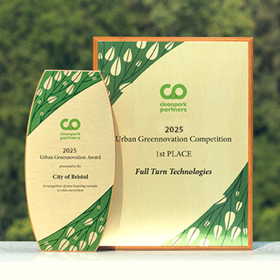 FSC-certified mahogany awards with custom engraved plates and green design elements