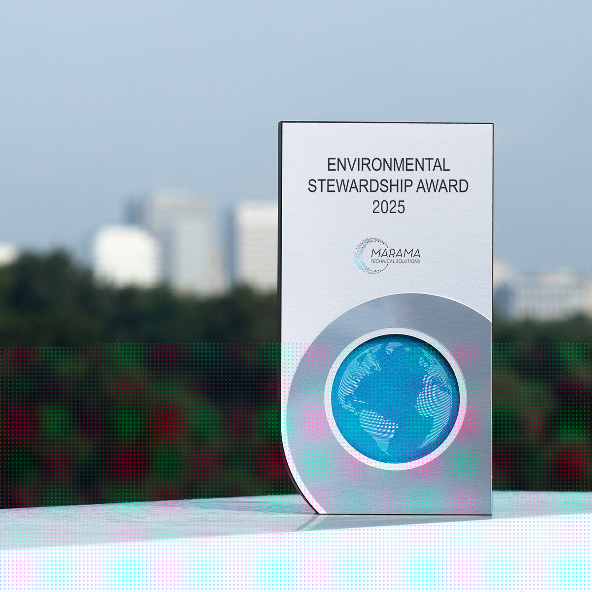 Modern high-end eco-friendly award with engraved metal plate and Earth motif