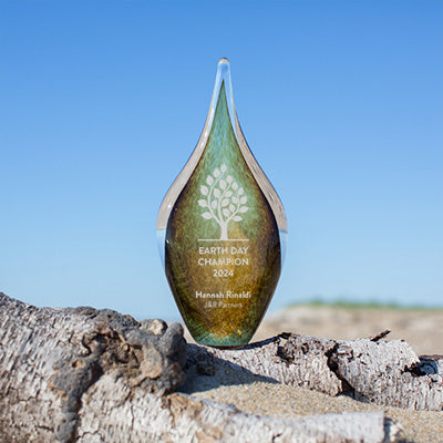 Unique trophy for Earth Day, brown artisan glass etched with text and logo
