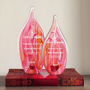 Artisan glass fire or flame awards with red orange glass inside clear glass