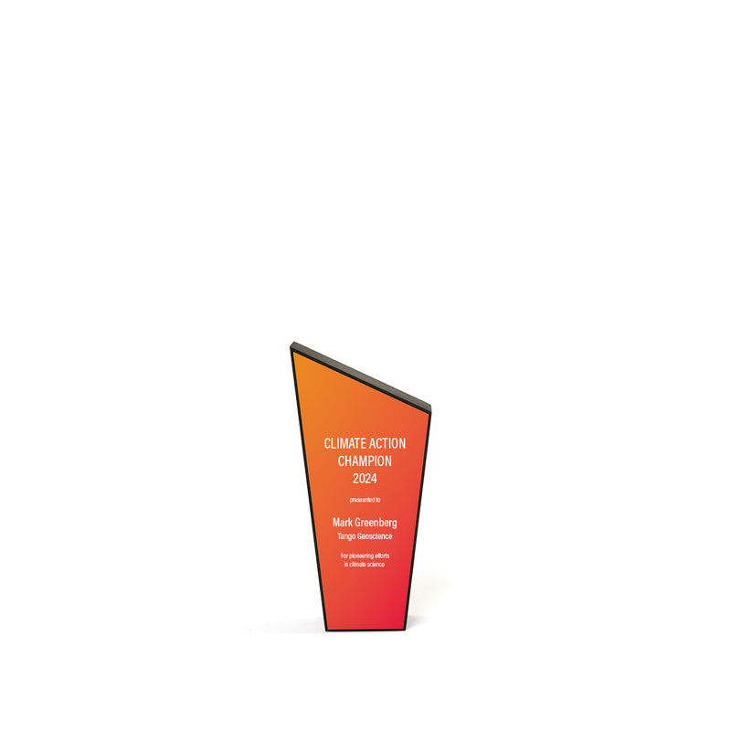 Contemporary recycled trophy black base red orange face with white text. Angled at top. 6" high.