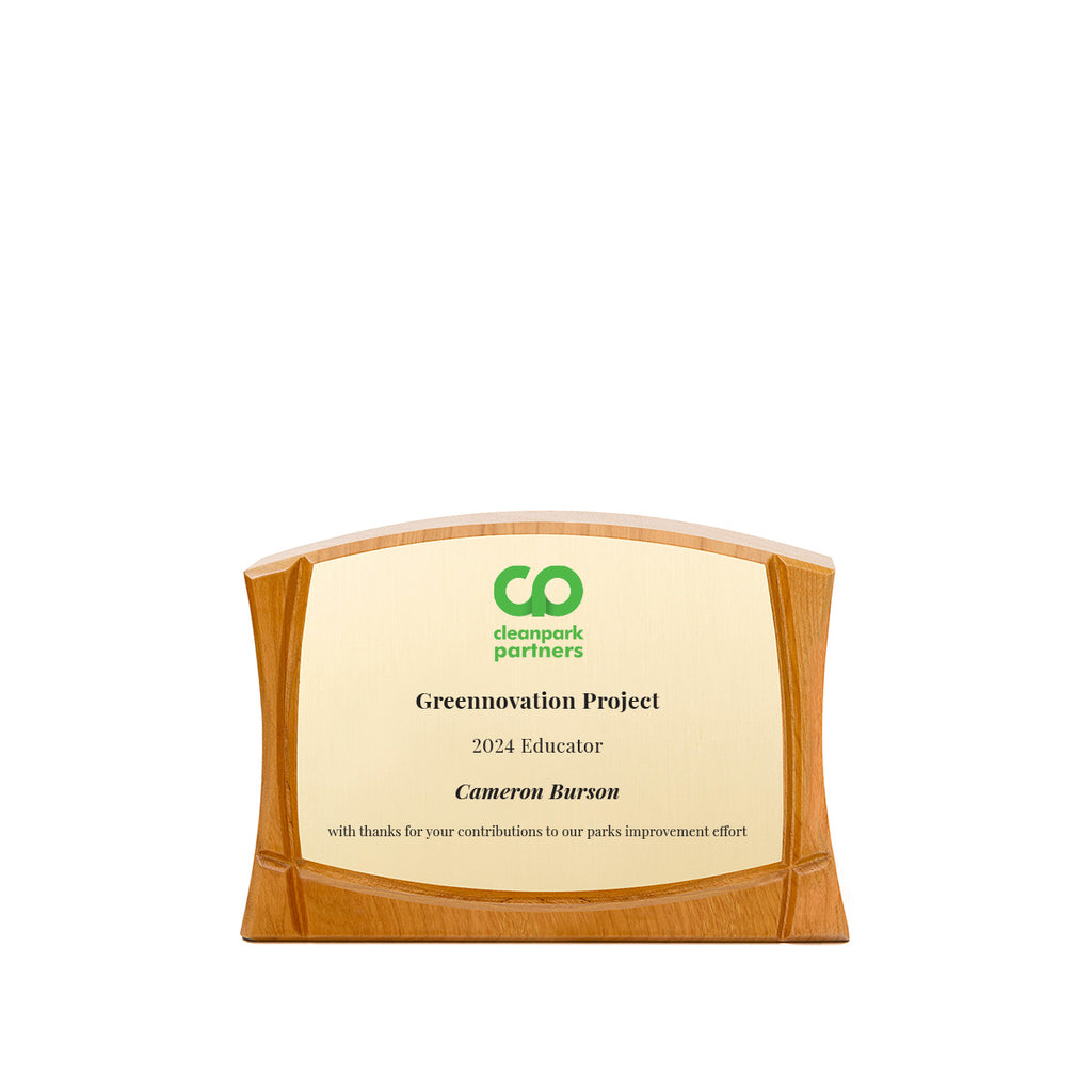 Sustainable trophy, solid cherry wood, FSC Certified, gold plate
