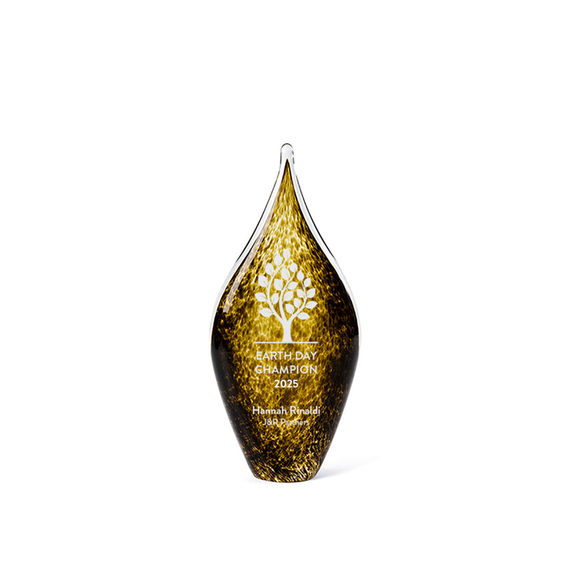 Coffee colored glass trophy 9" high, personalized with etched logo and text