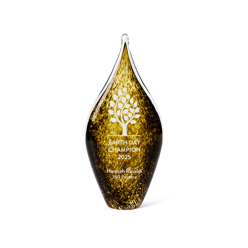 Dark brown glass trophy 11"tall with etching