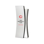 Tall slim contemporary trophy with curved lines, recycled black with silver aluminum plates. Featuring a red logo.