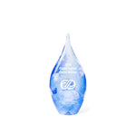 Small handblown blue and white teardrop glass award, signed by the artist and crafted in the USA exclusively for Rivanna. A unique artisan award ideal for personalized recognition.